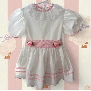Vintage Girls White Lace Collar Gingham Belt Party Dress ~4T